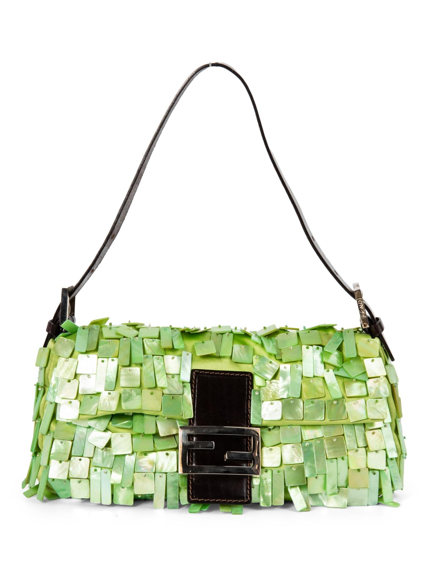 Fendi Mother of Pearl Embellished Flap Baguette Bag Green