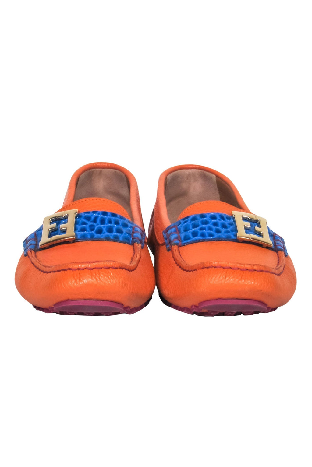 Fendi - Orange Pebbled Leather Loafers w/ Blue Crocodile Strap Sz 10.5