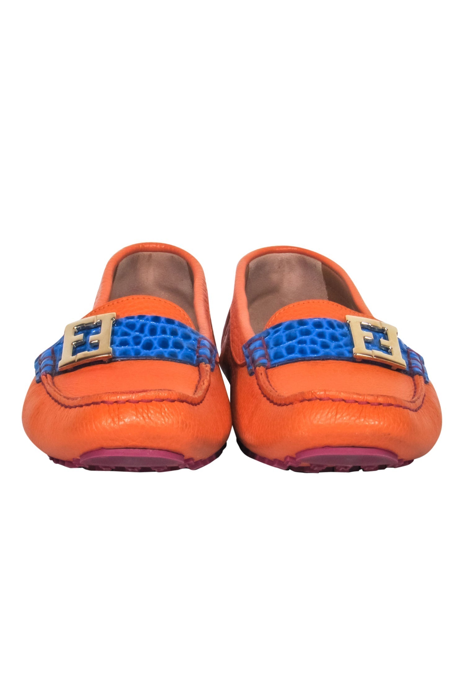 Fendi - Orange Pebbled Leather Loafers w/ Blue Crocodile Strap Sz 10.5