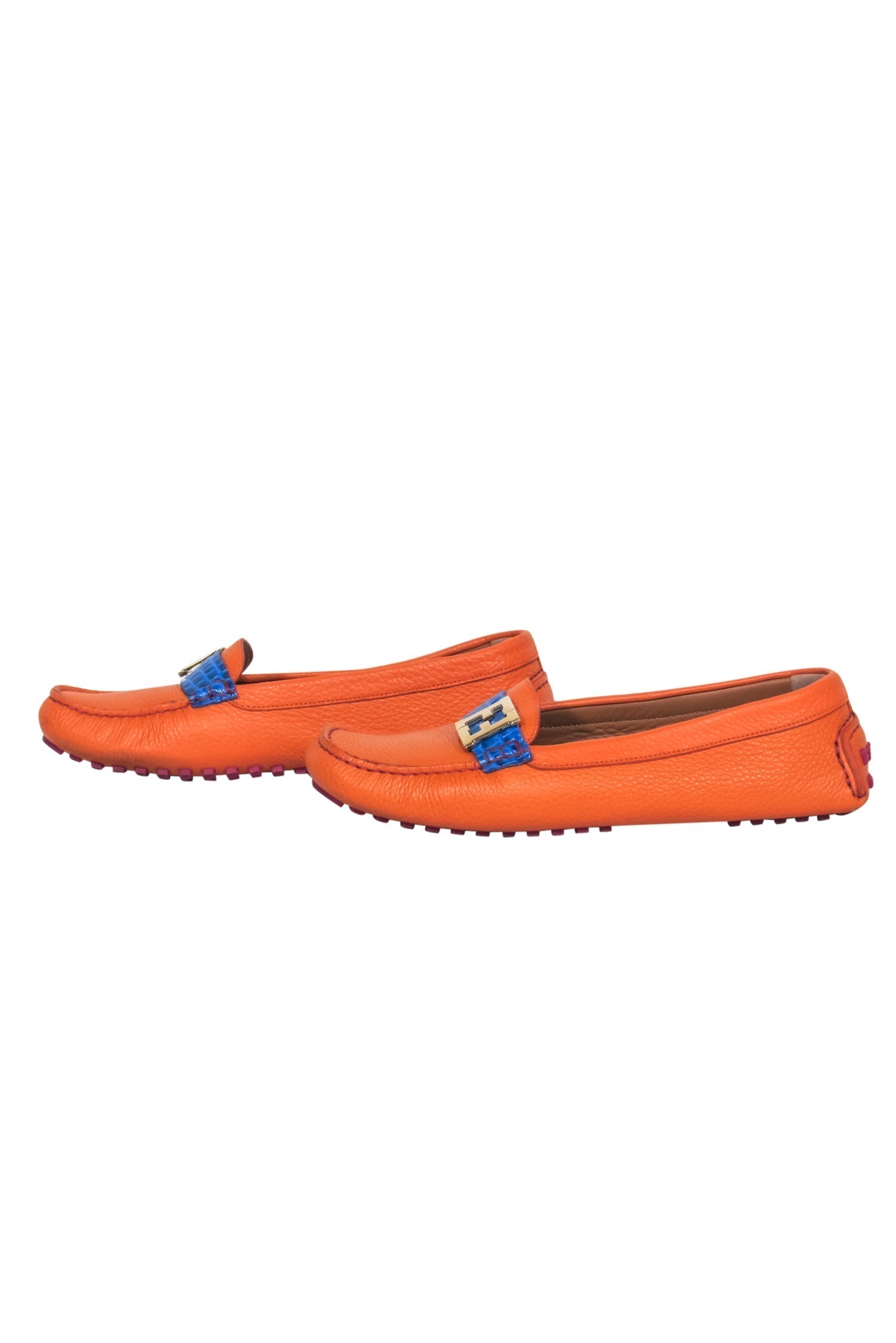 Fendi - Orange Pebbled Leather Loafers w/ Blue Crocodile Strap Sz 10.5