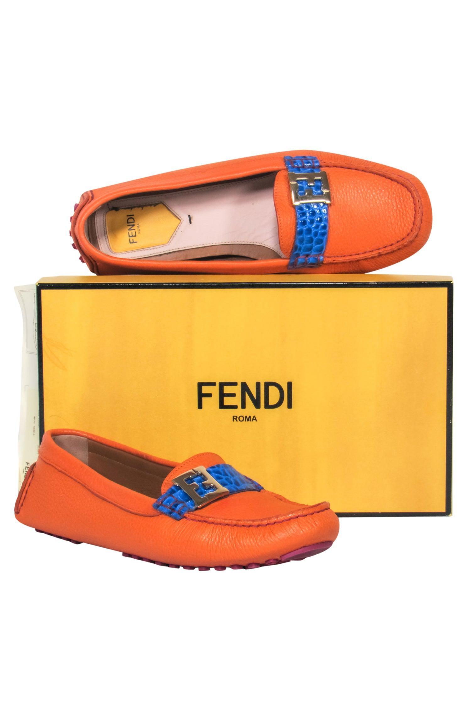 Fendi - Orange Pebbled Leather Loafers w/ Blue Crocodile Strap Sz 10.5