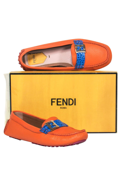 Fendi - Orange Pebbled Leather Loafers w/ Blue Crocodile Strap Sz 10.5