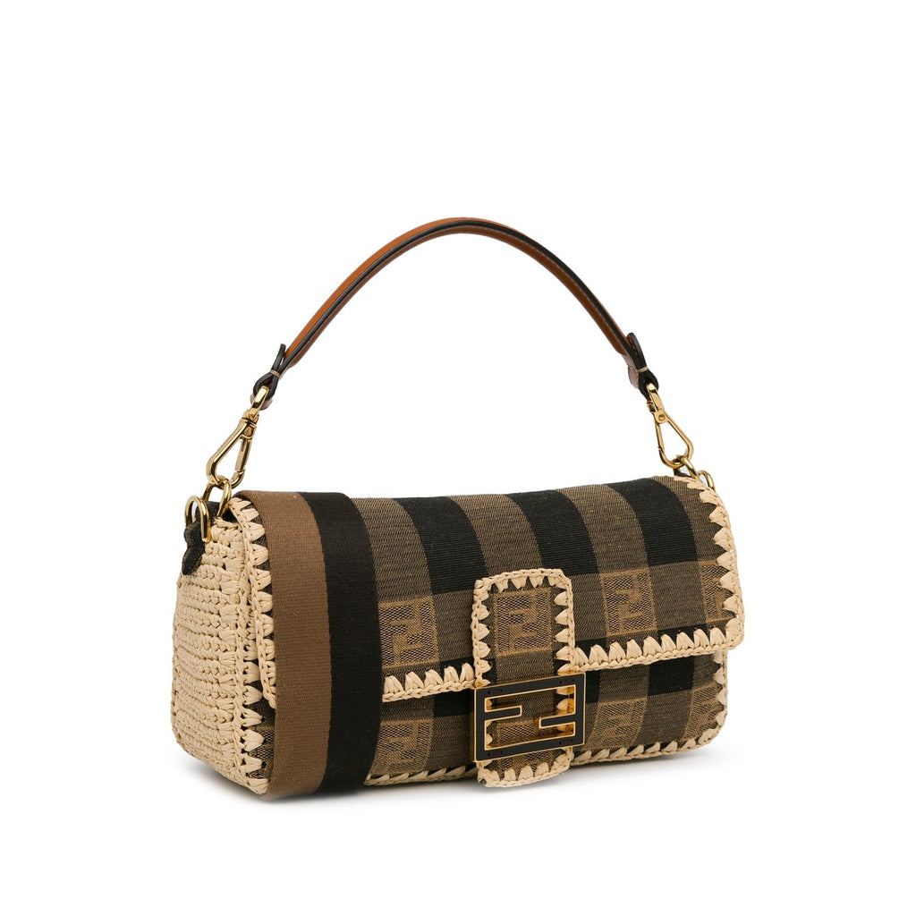 Fendi Pequin Gingham Canvas And Raffia Baguette Satchel (SHG-mQy3HF)