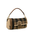 Fendi Pequin Gingham Canvas And Raffia Baguette Satchel (SHG-mQy3HF)