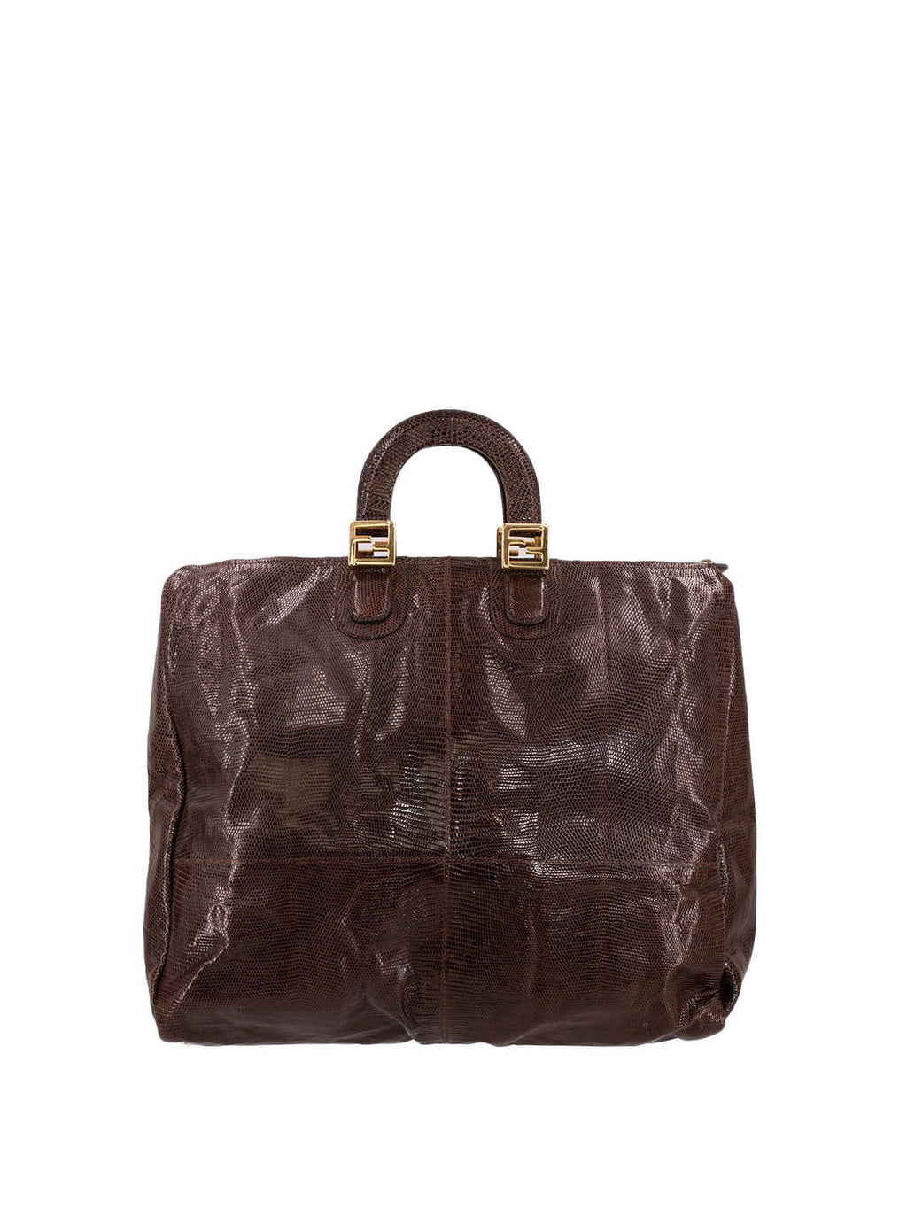 Fendi Shiny Lizard Large Zucca Weekender Travel Bag Brown