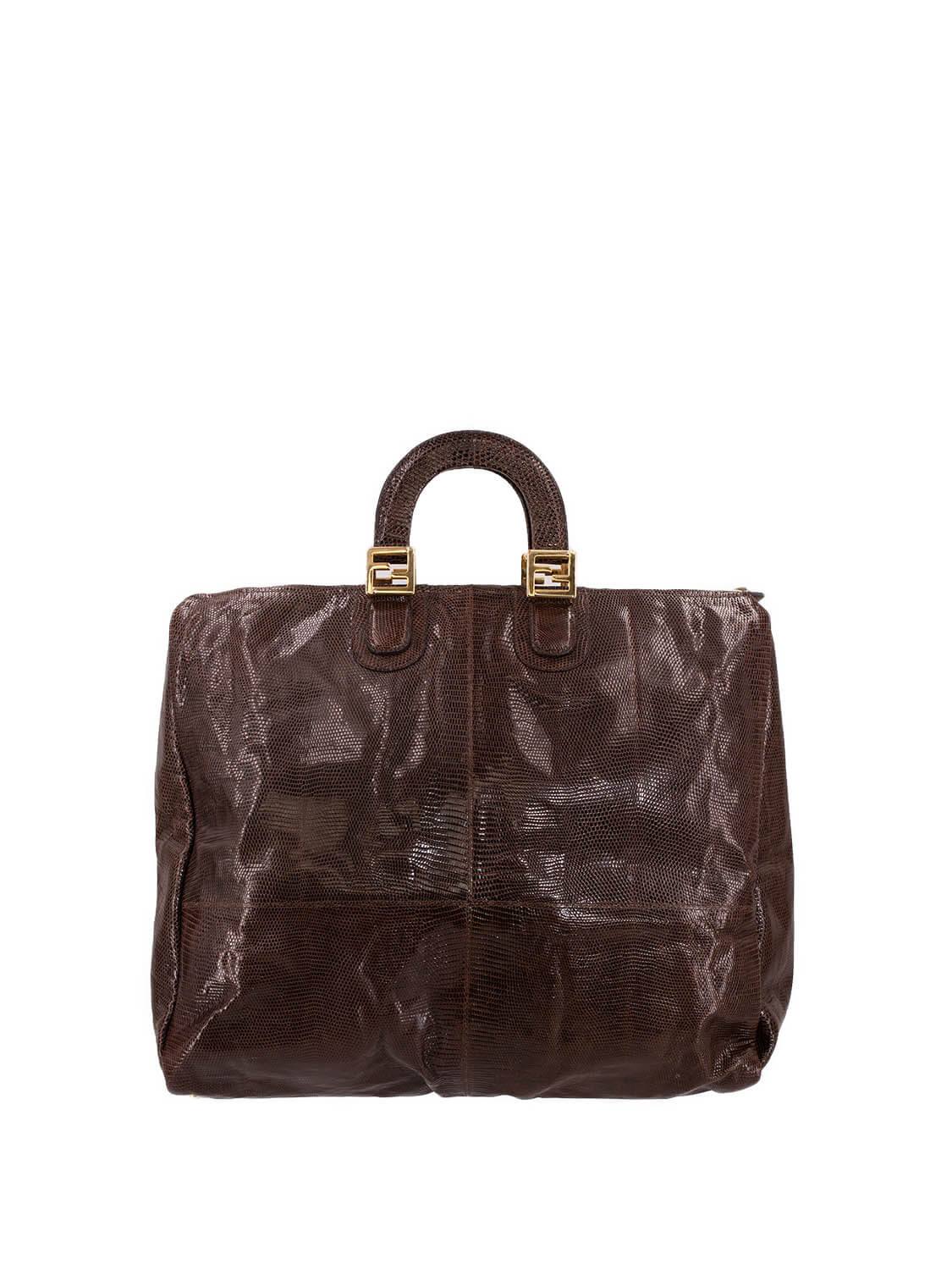 Fendi Shiny Lizard Large Zucca Weekender Travel Bag Brown
