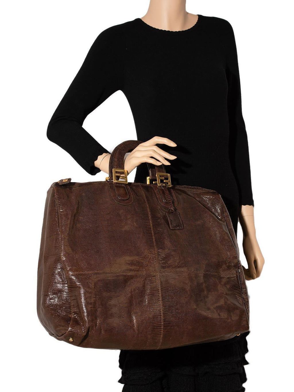 Fendi Shiny Lizard Large Zucca Weekender Travel Bag Brown