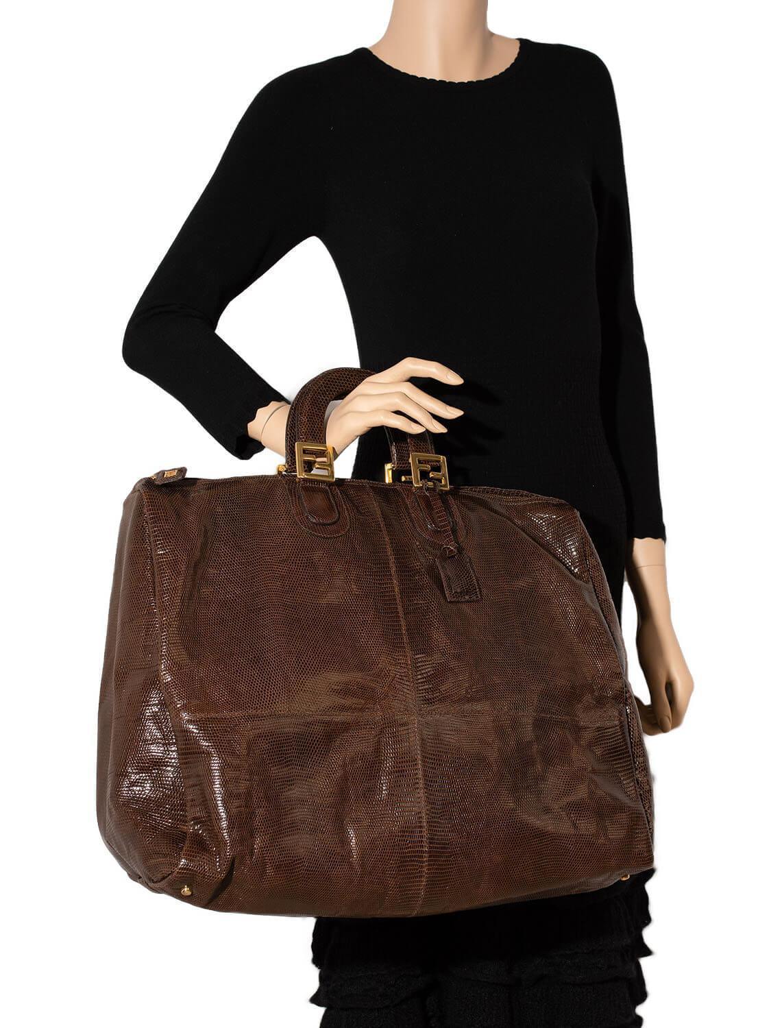 Fendi Shiny Lizard Large Zucca Weekender Travel Bag Brown