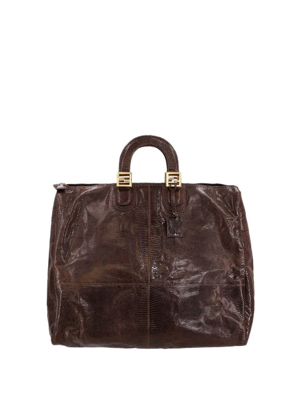Fendi Shiny Lizard Large Zucca Weekender Travel Bag Brown