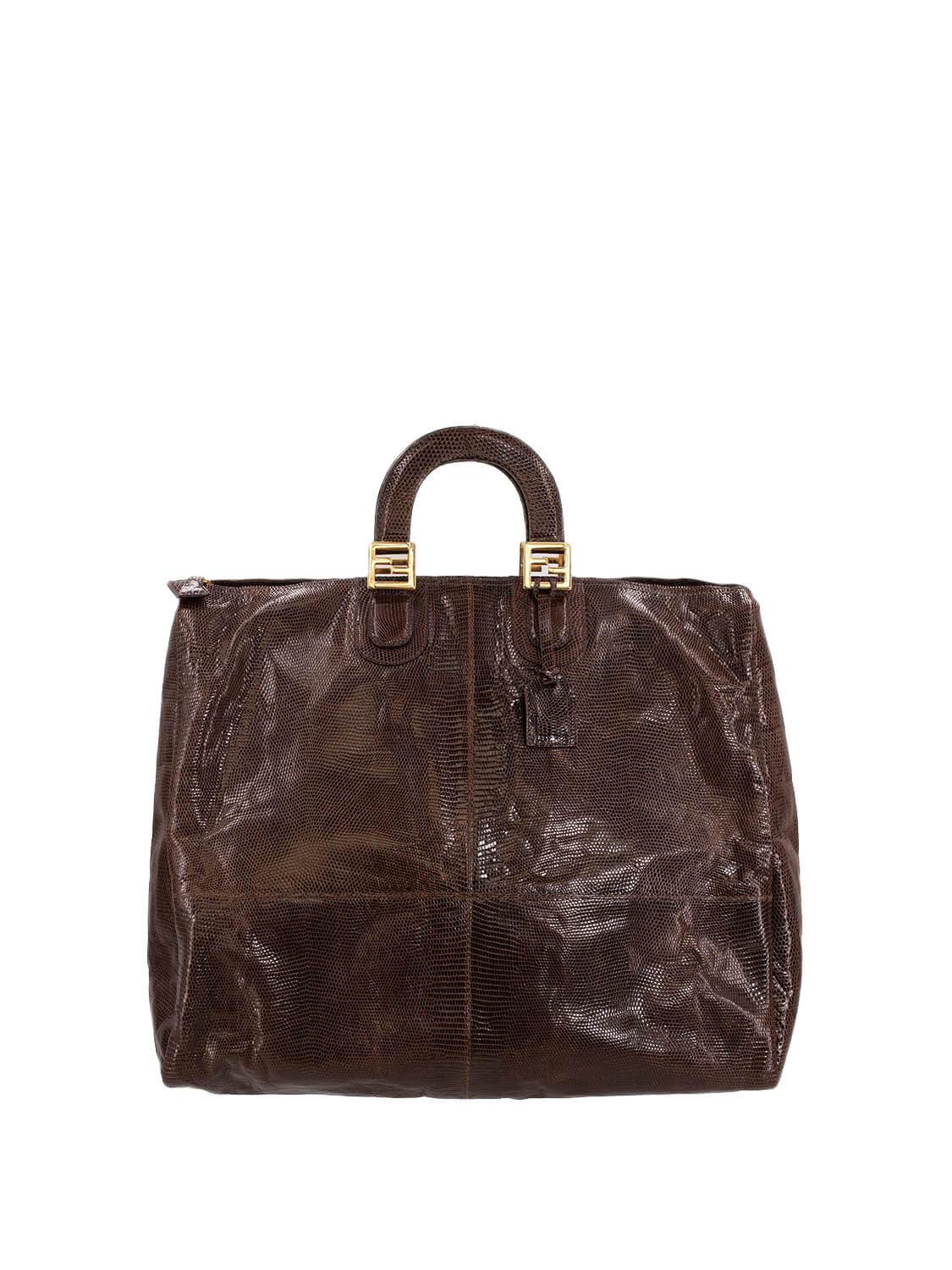Fendi Shiny Lizard Large Zucca Weekender Travel Bag Brown