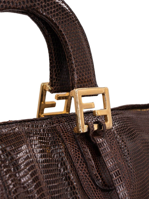 Fendi Shiny Lizard Large Zucca Weekender Travel Bag Brown