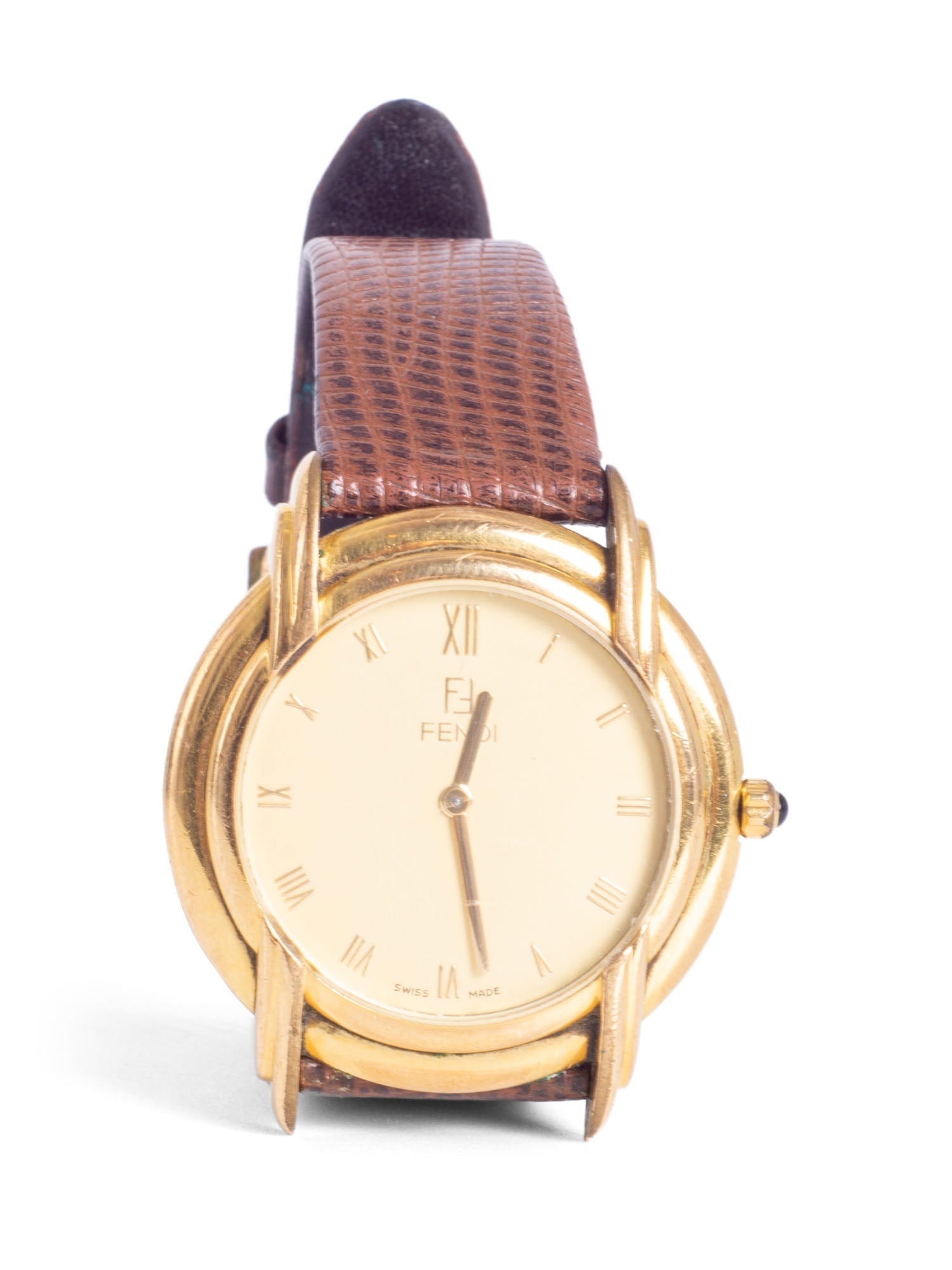 Fendi Snakeskin Leather Strap 24 Gold Plated  Watch Brown