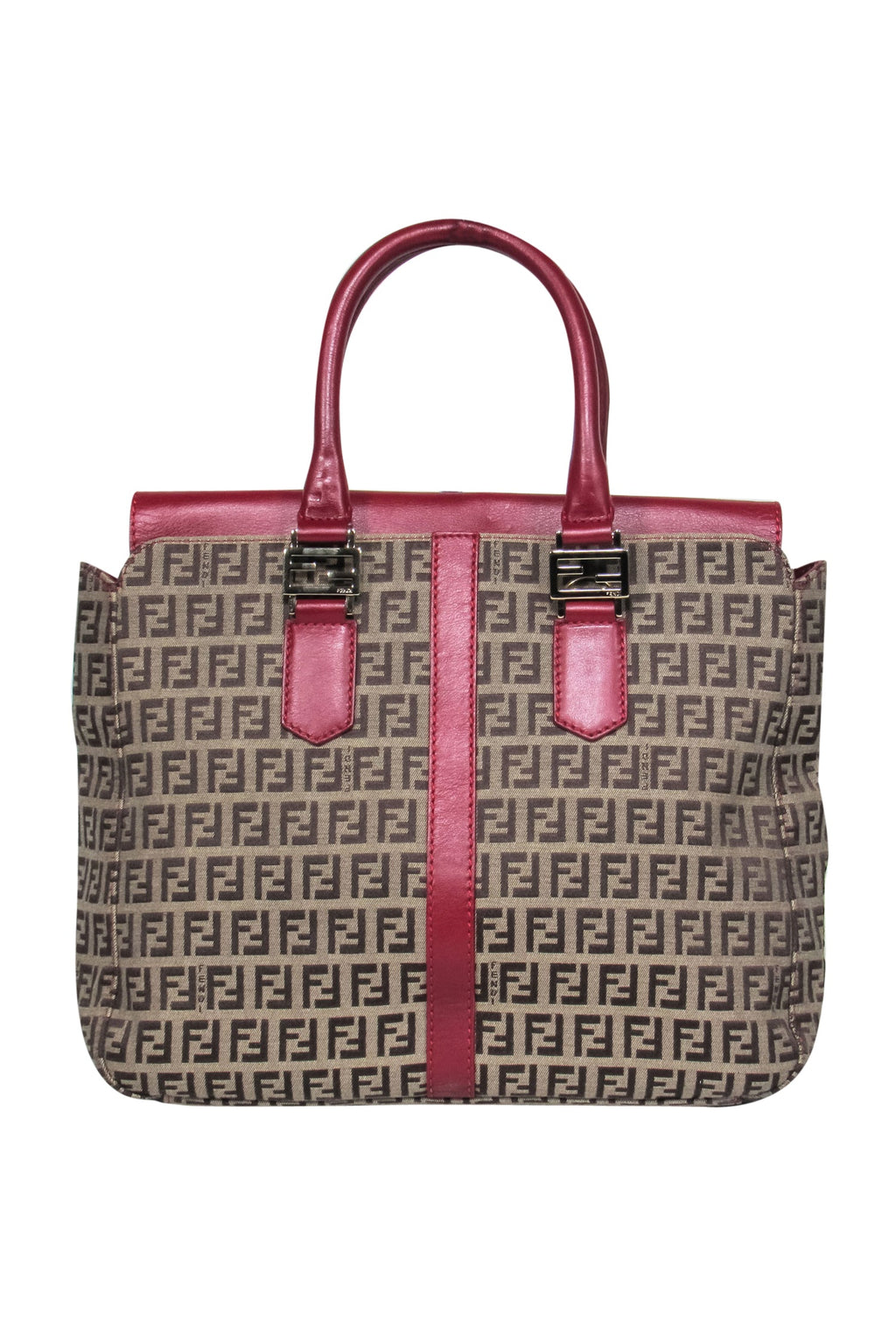 Fendi - Tan Monogram Print Convertible Satchel w/ Red Leather Trim