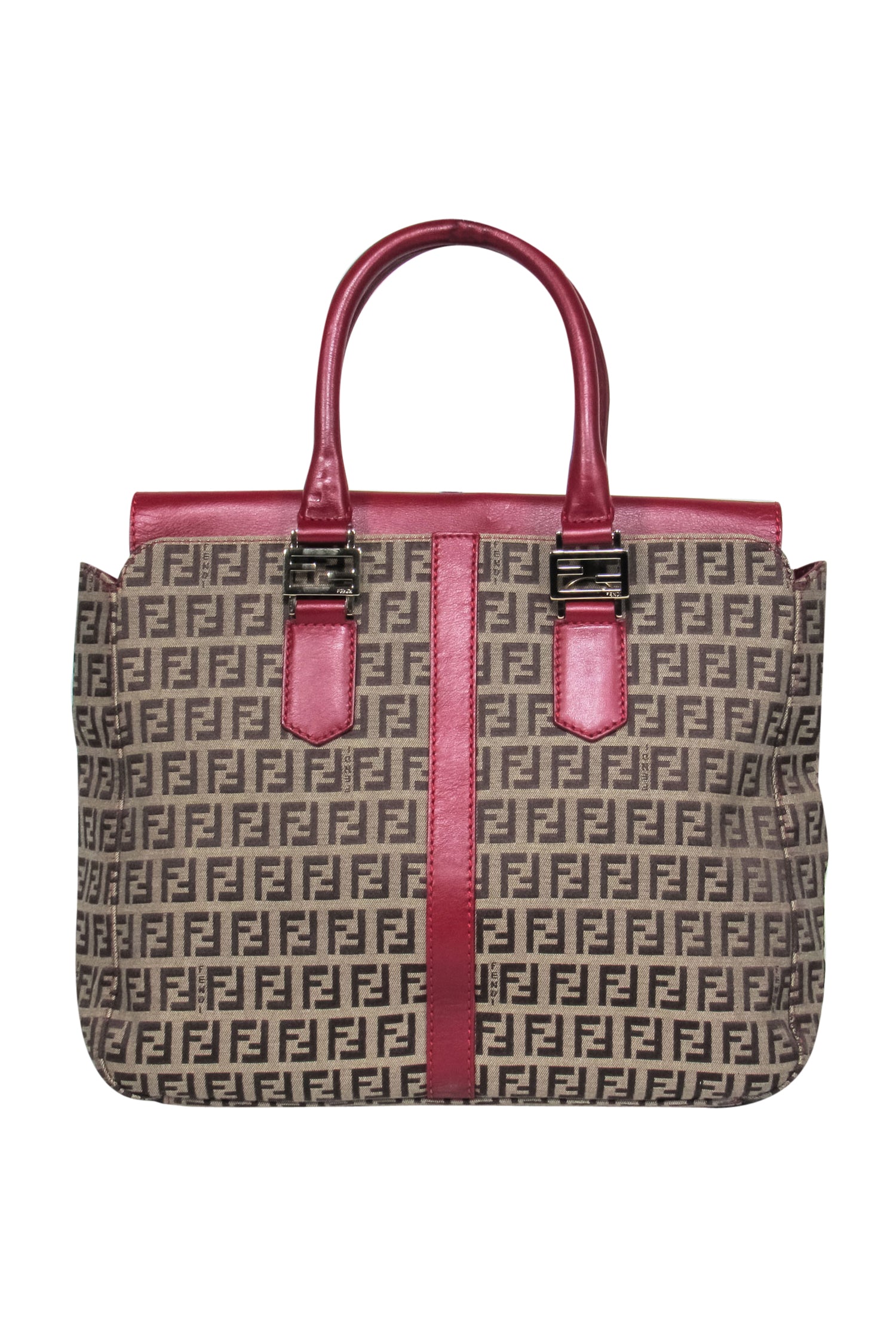 Fendi - Tan Monogram Print Convertible Satchel w/ Red Leather Trim