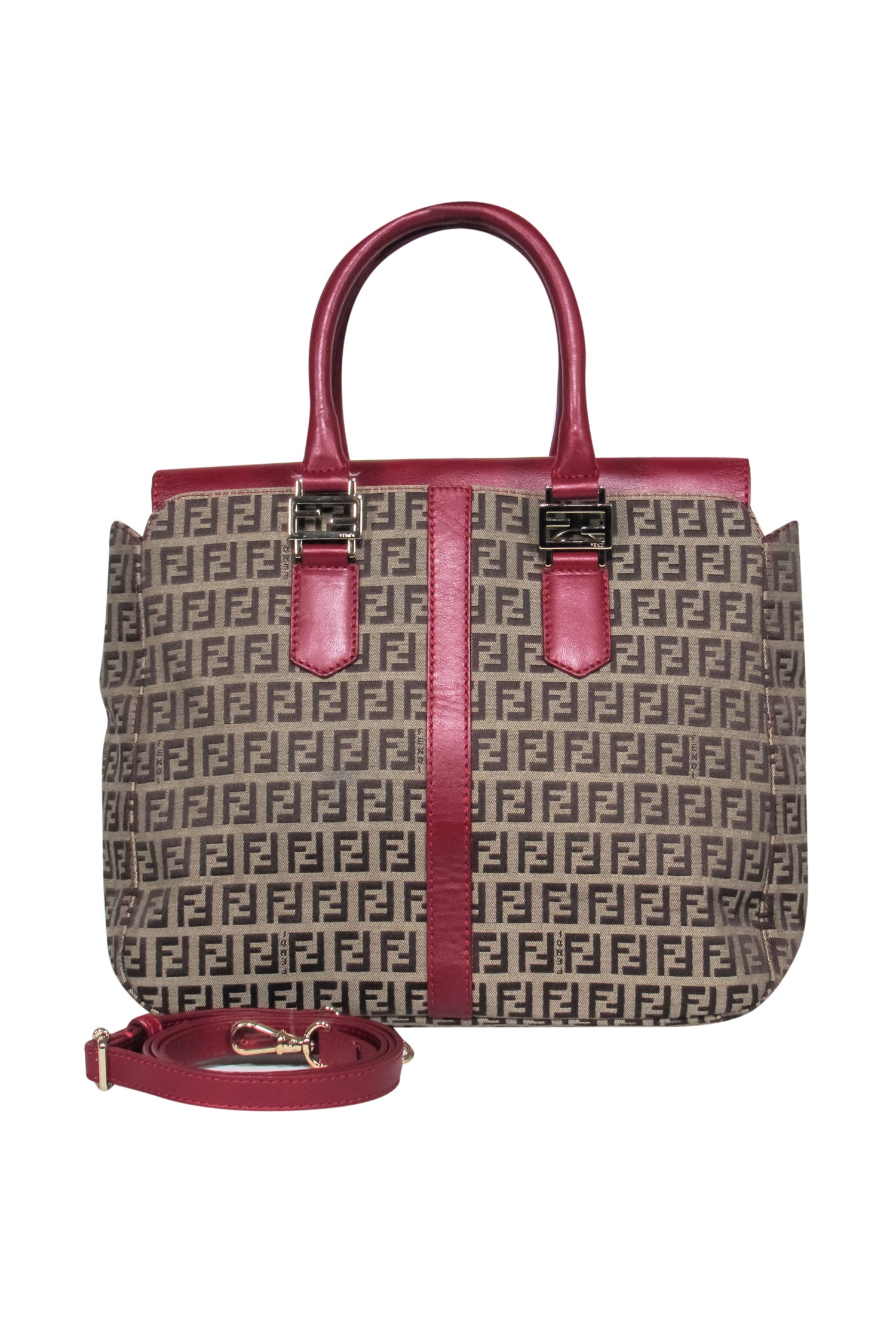 Fendi - Tan Monogram Print Convertible Satchel w/ Red Leather Trim