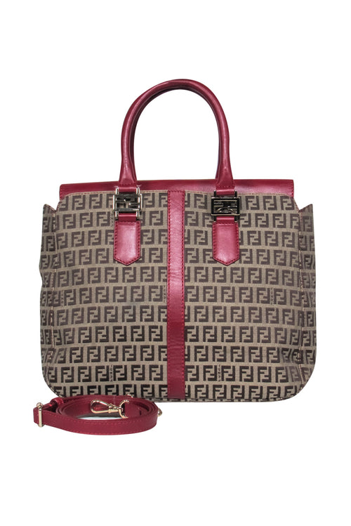 Fendi - Tan Monogram Print Convertible Satchel w/ Red Leather Trim