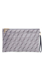 Fendi Unisex Zucca Zippered Large Clutch Grey Gold