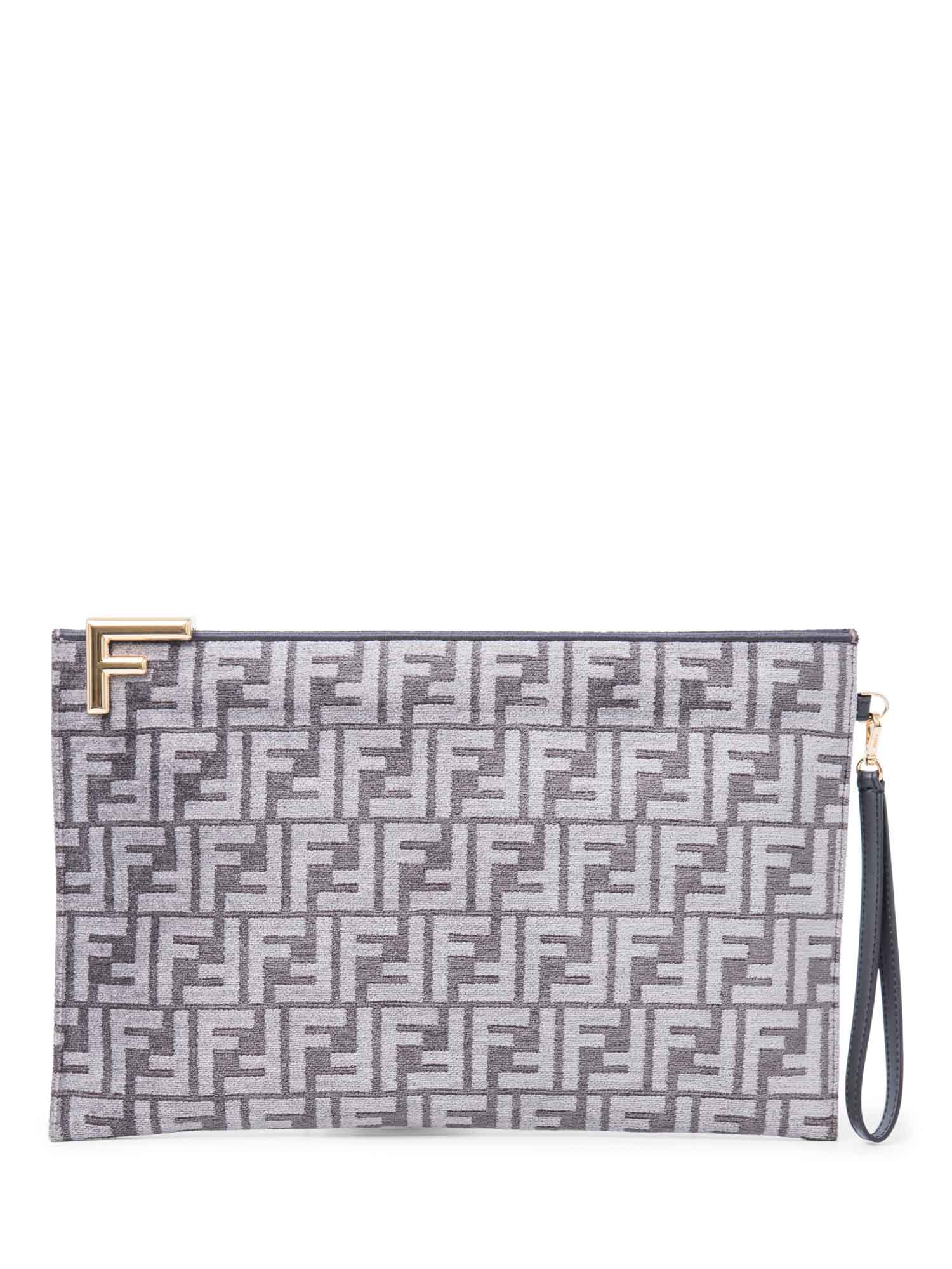 Fendi Unisex Zucca Zippered Large Clutch Grey Gold