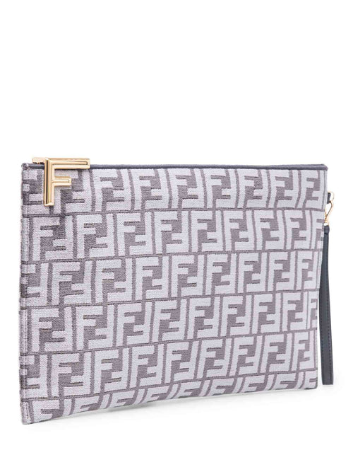 Fendi Unisex Zucca Zippered Large Clutch Grey Gold