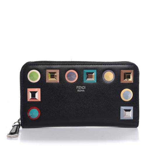 FENDI Vitello Liberty Studded Zip Around Wallet Black