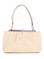 Fendi Woven Canvas Crocodile Embossed Leather Top Handle Bag Beige Brown