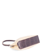 Fendi Woven Canvas Crocodile Embossed Leather Top Handle Bag Beige Brown