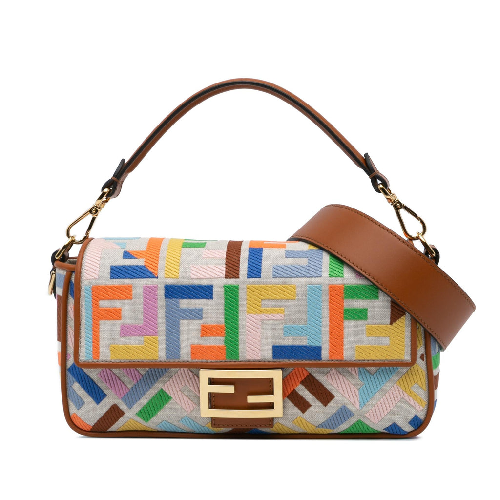 Fendi Zucca Embroidered Canvas Baguette Satchel