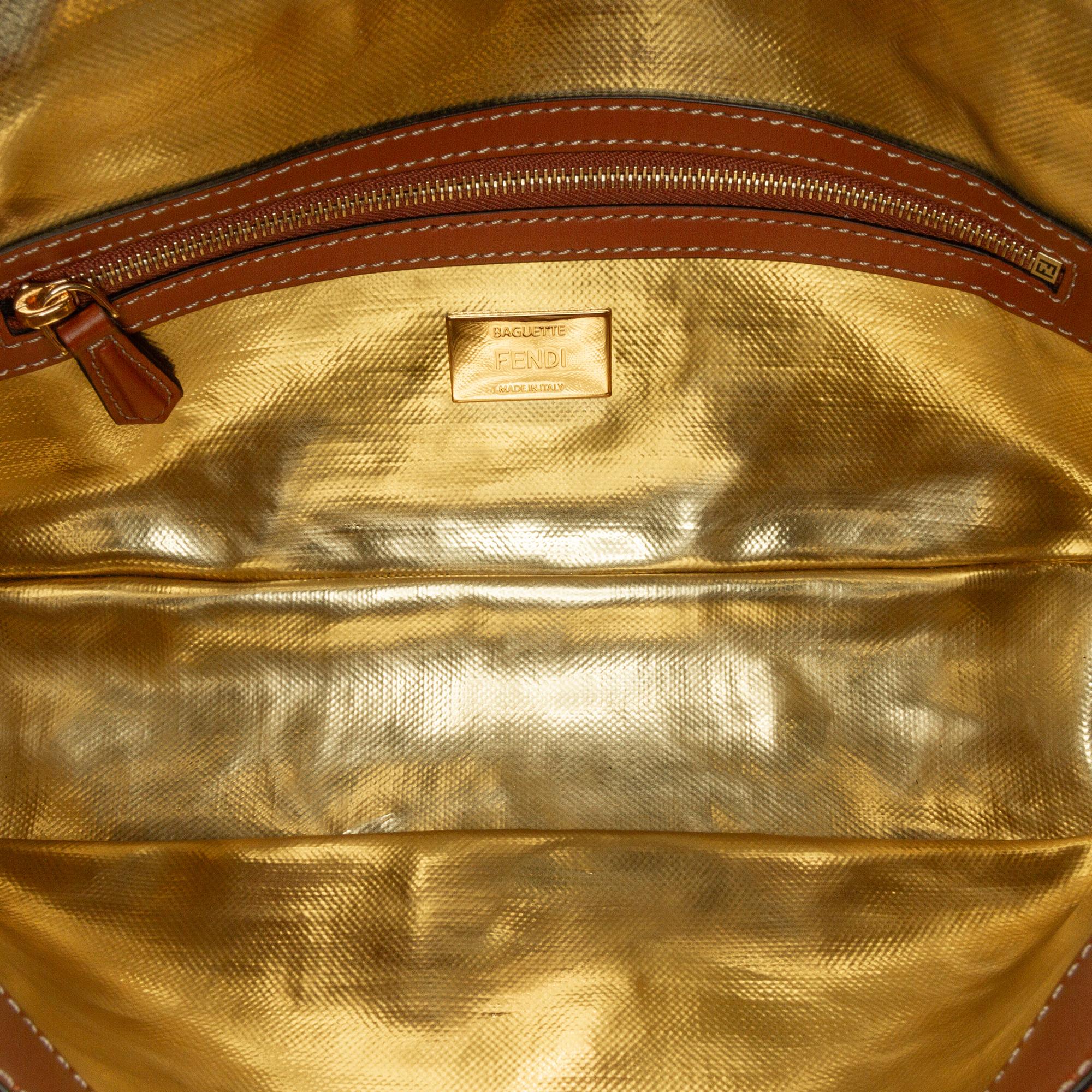 Fendi Zucca Embroidered Denim Baguette Satchel (SHG-oiAEAB)