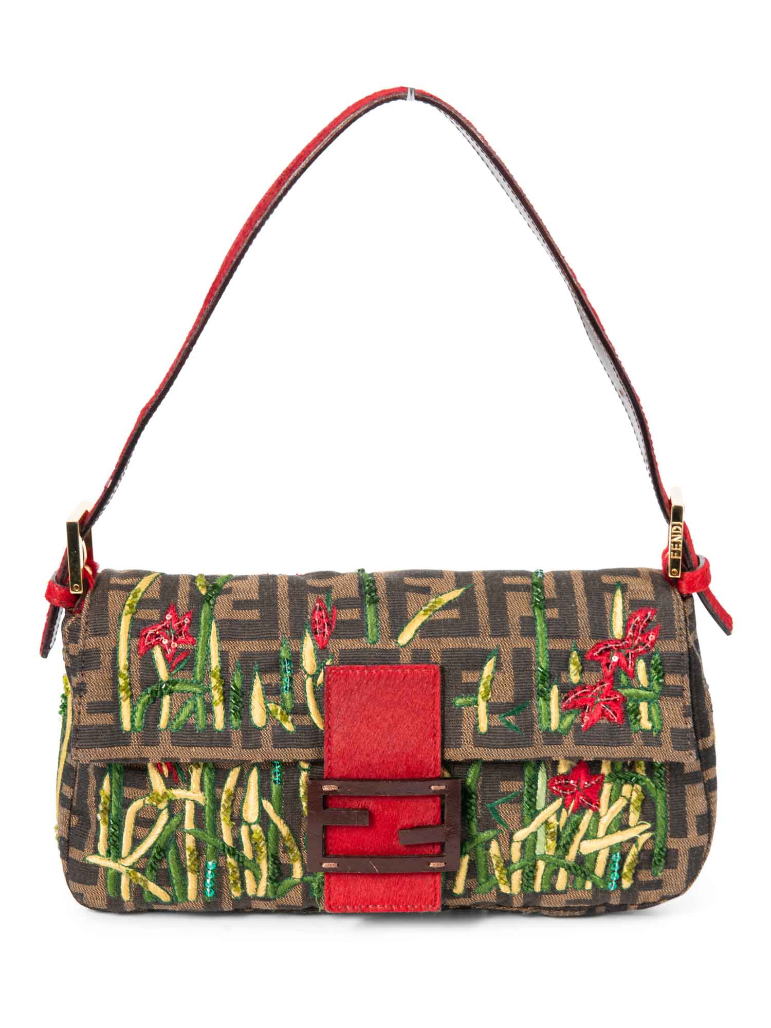 Fendi Zucca Pony Floral Beaded Baguette Bag Brown
