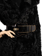 Fendi Zucca Shearling Fox Fur Belted Coat Black