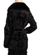 Fendi Zucca Shearling Fox Fur Belted Coat Black