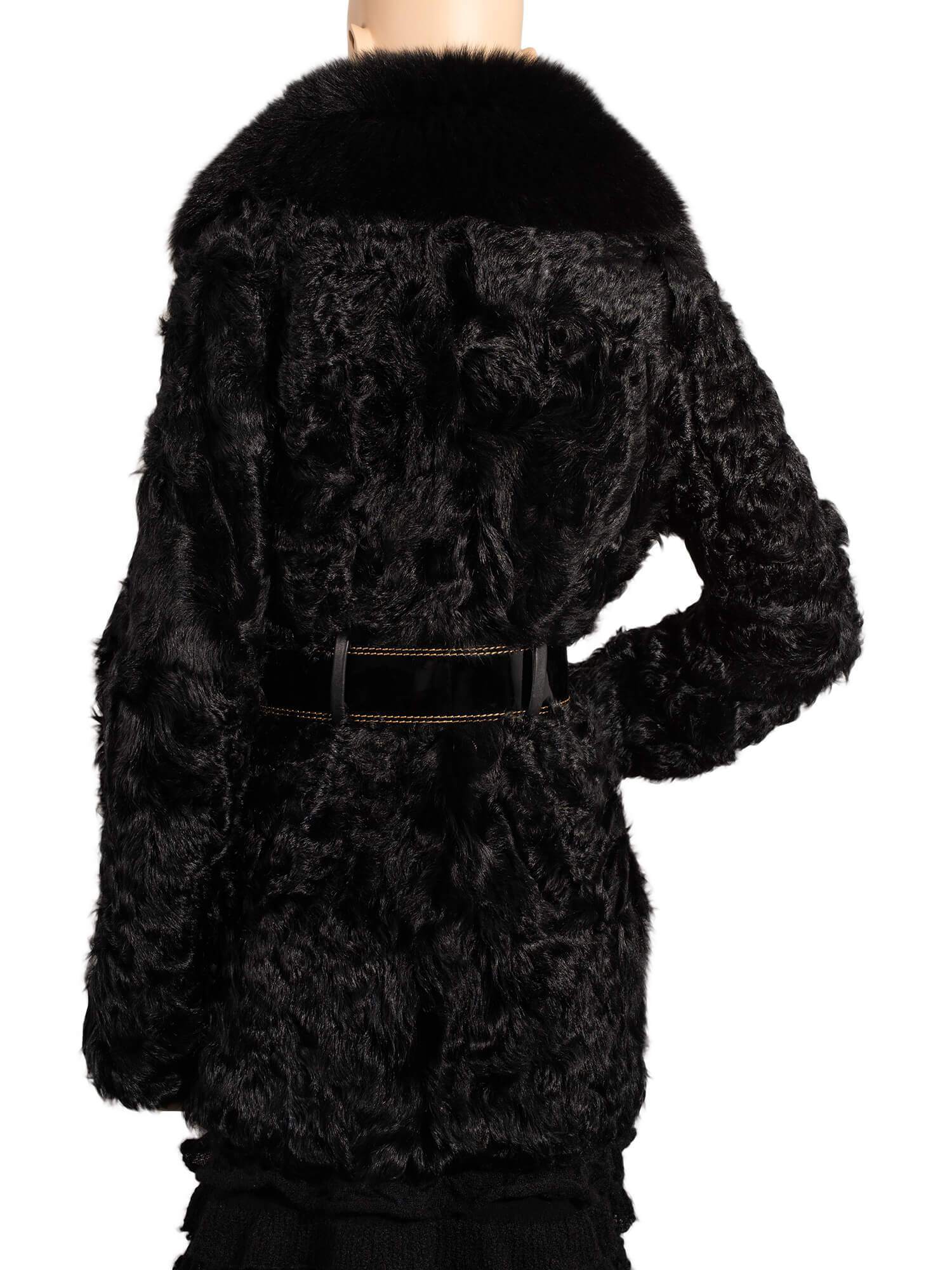 Fendi Zucca Shearling Fox Fur Belted Coat Black
