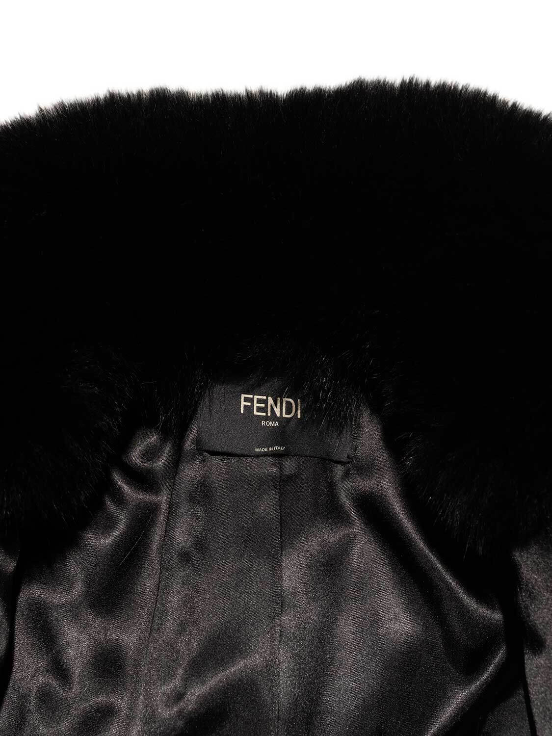 Fendi Zucca Shearling Fox Fur Belted Coat Black
