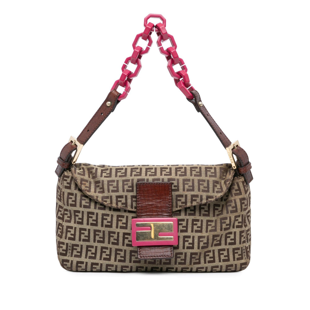 Fendi Zucchino Canvas Double Flap Chain Shoulder Bag