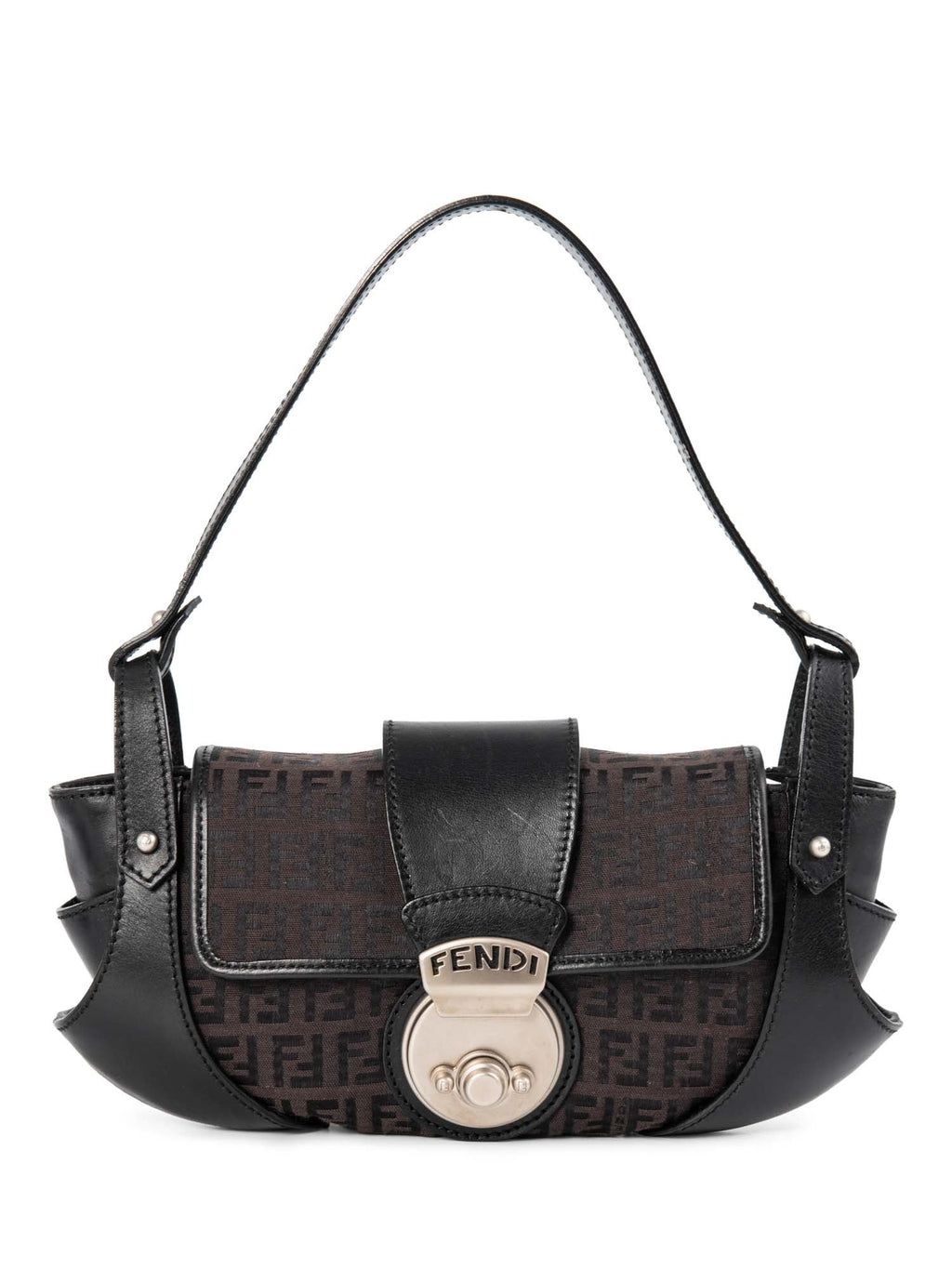 Fendi Zucchino Logo Push Lock Compilation Shoulder Bag Black Silver