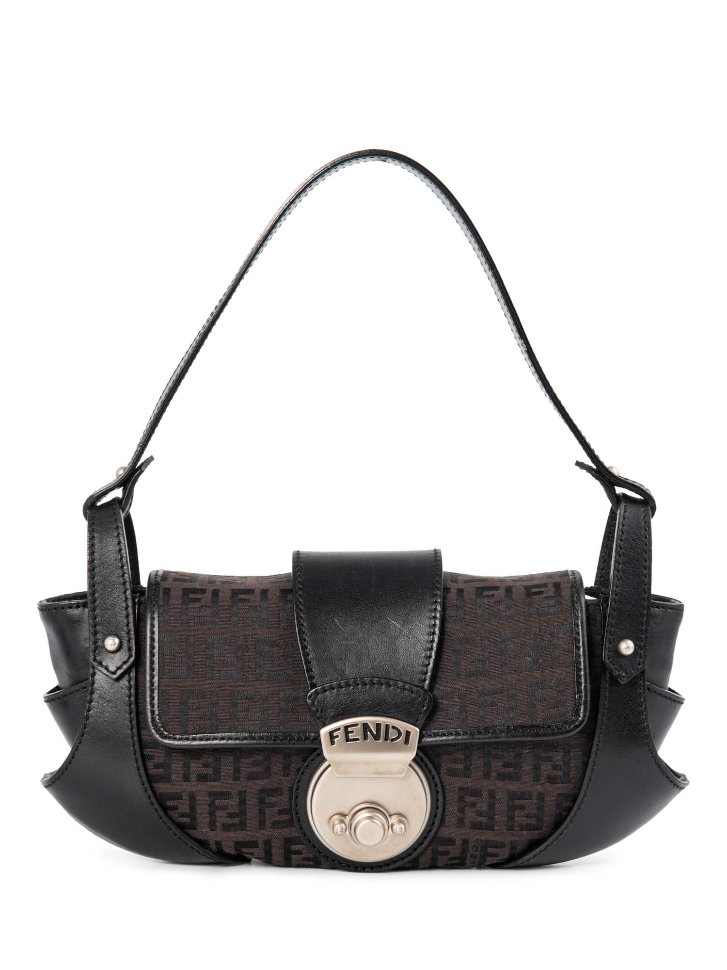 Fendi Zucchino Logo Push Lock Compilation Shoulder Bag Black Silver