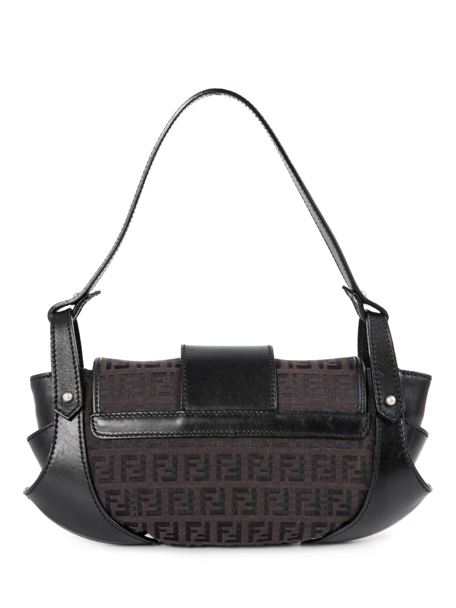 Fendi Zucchino Logo Push Lock Compilation Shoulder Bag Black Silver