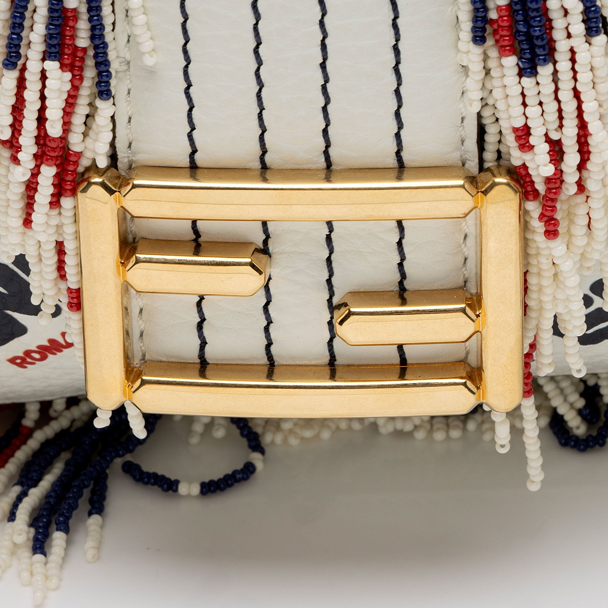 Fendi x Fila Calfskin Mania Beaded Fringe Baguette Shoulder Bag (SHF-OjJL4V)