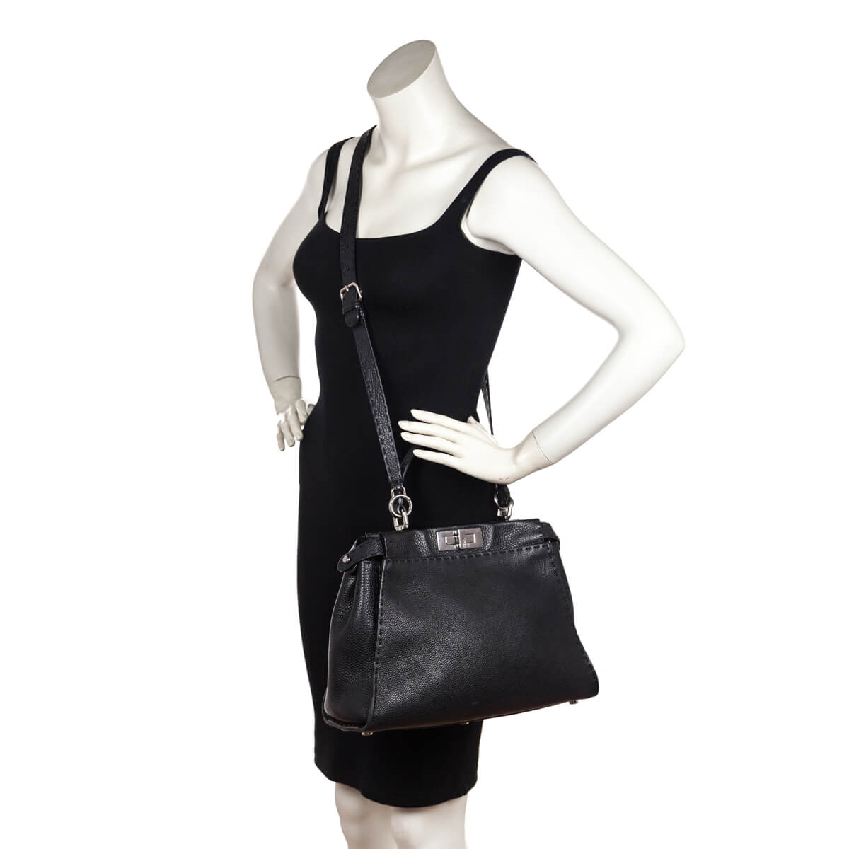 Fendi Black Cuoio Romano Selleria Medium Peekaboo Iconic Satchel