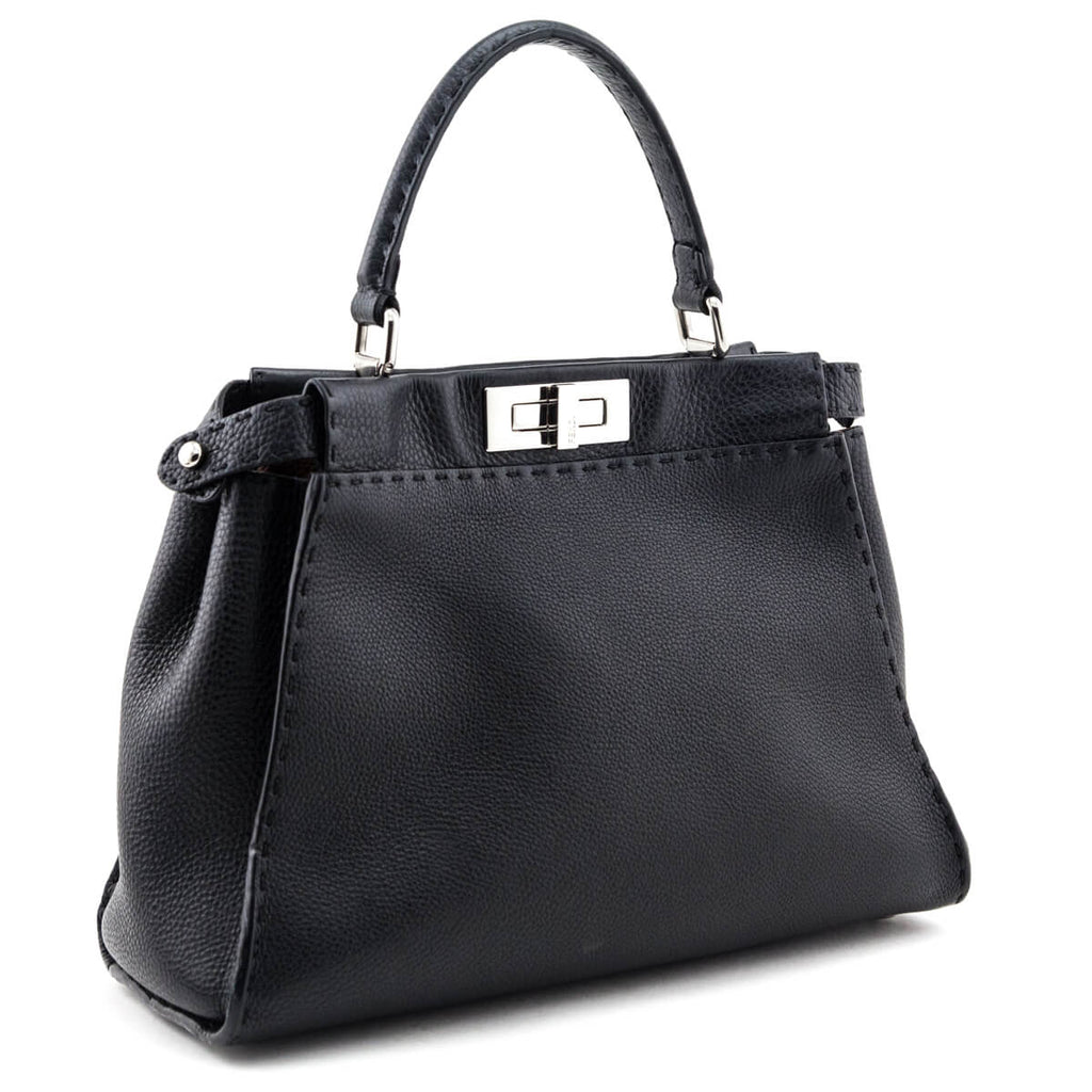 Fendi Black Cuoio Romano Selleria Medium Peekaboo Iconic Satchel