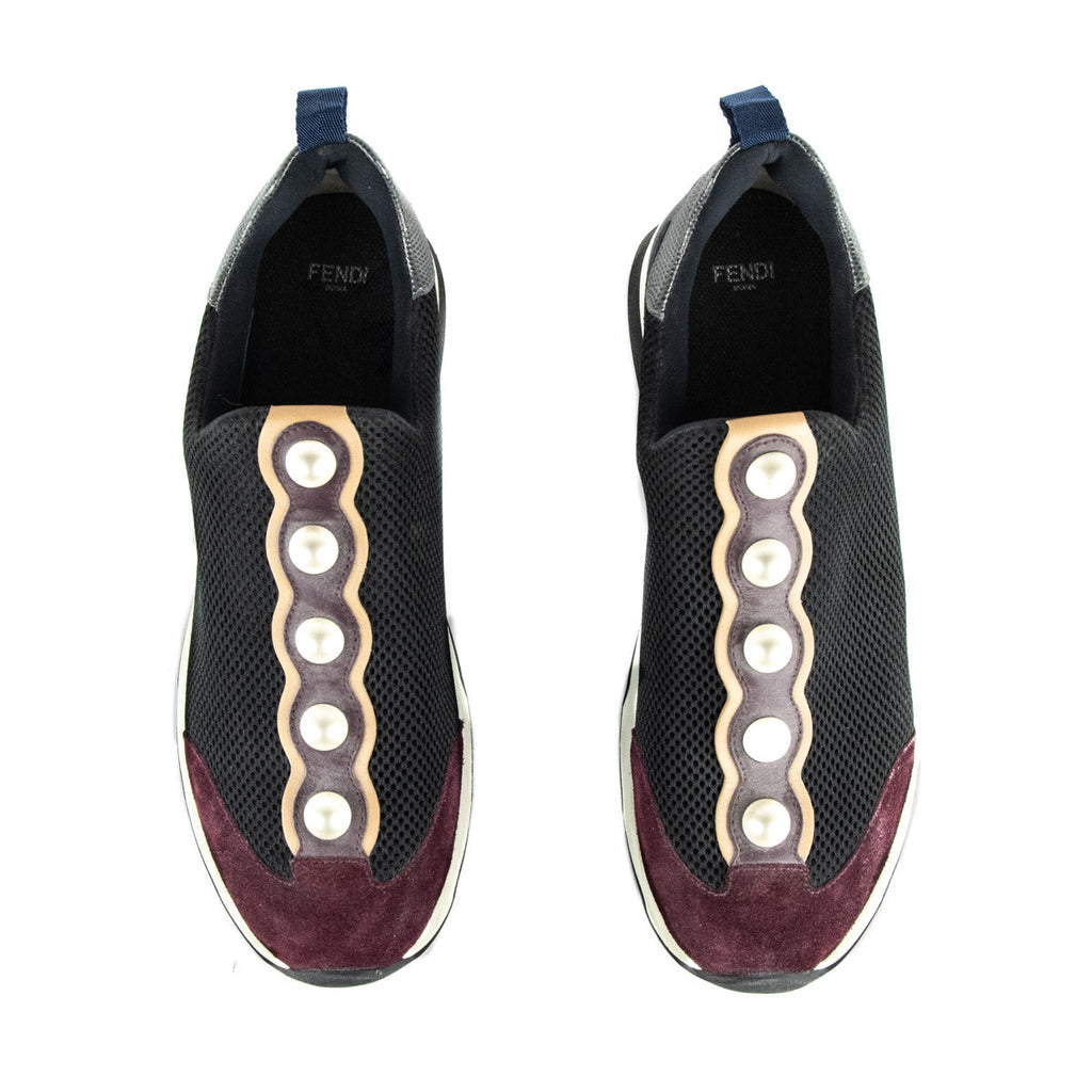 Fendi Black & Burgundy Mesh Pearl Technical Slip On Sneakers Size US 11 | EU 41