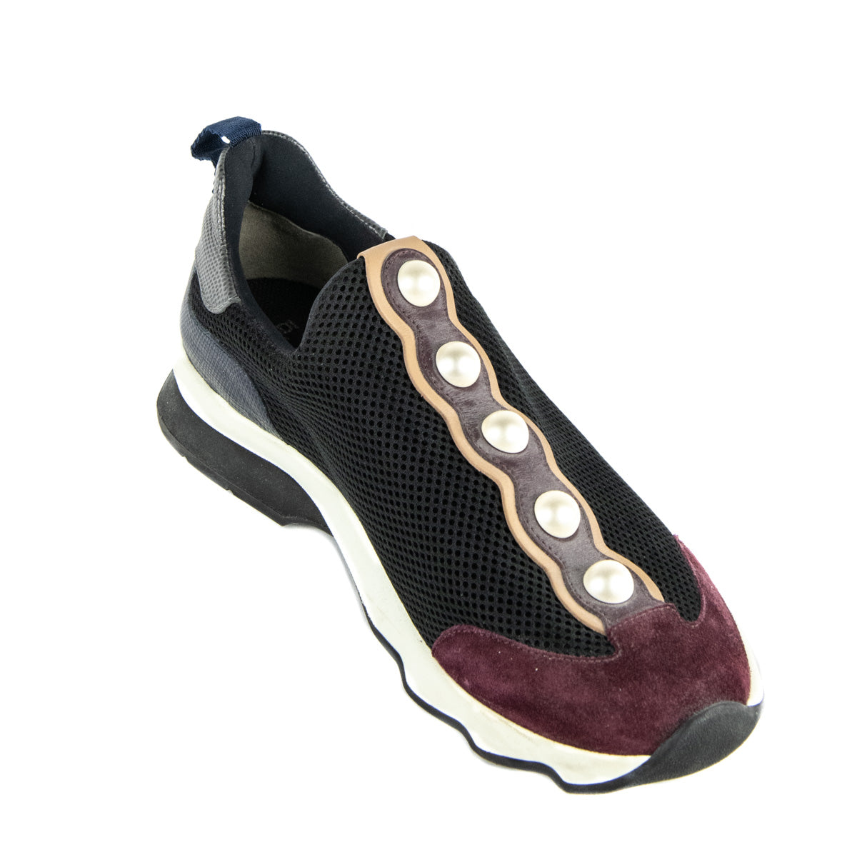Fendi Black & Burgundy Mesh Pearl Technical Slip On Sneakers Size US 11 | EU 41