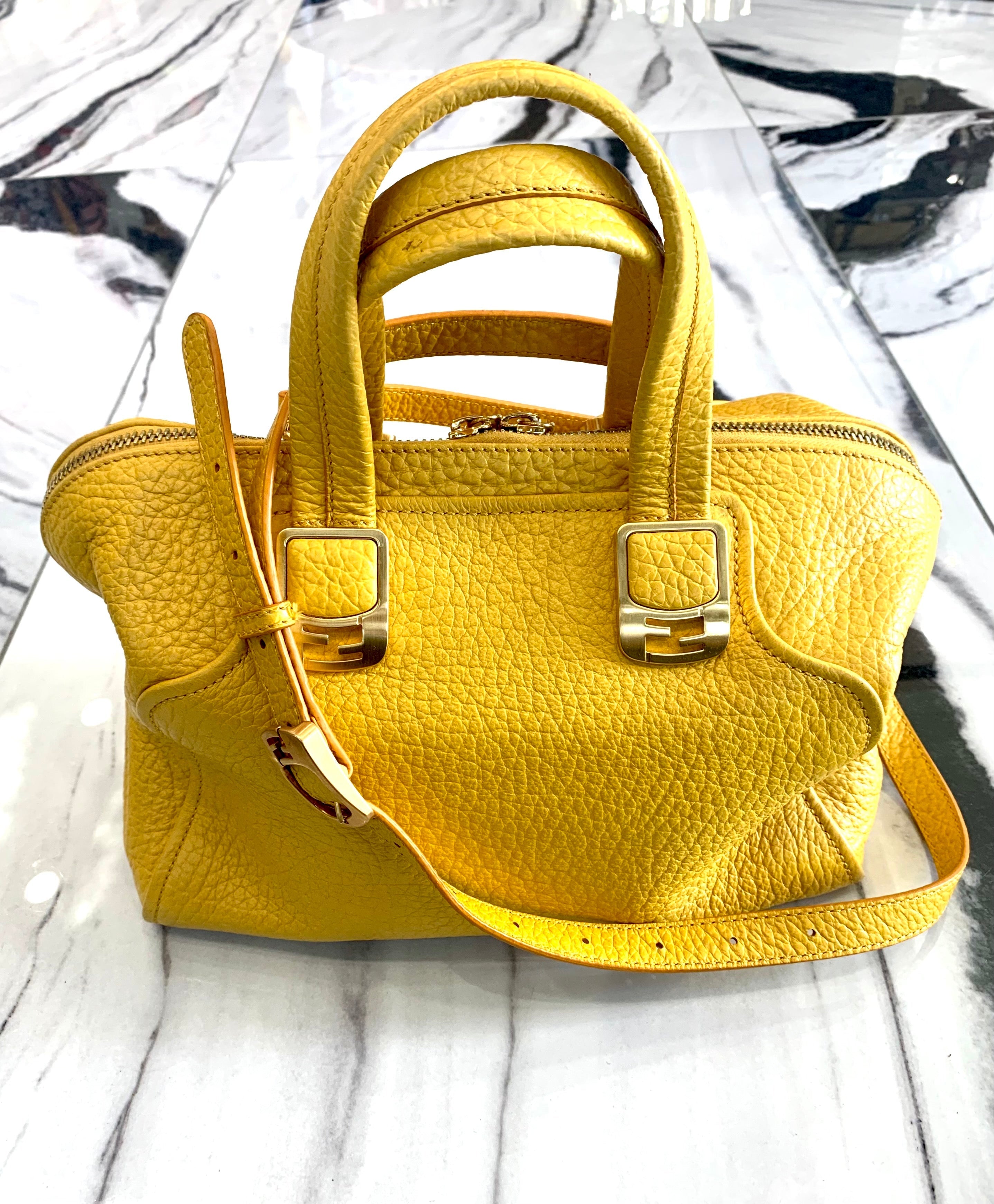 FENDI YELLOW PEBBLED CHAMELEON SATCHEL