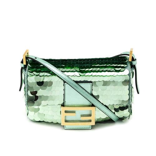Fendi Light Green Satin Sequin Paillettes Shiny Nappa Mini Baguette 1997