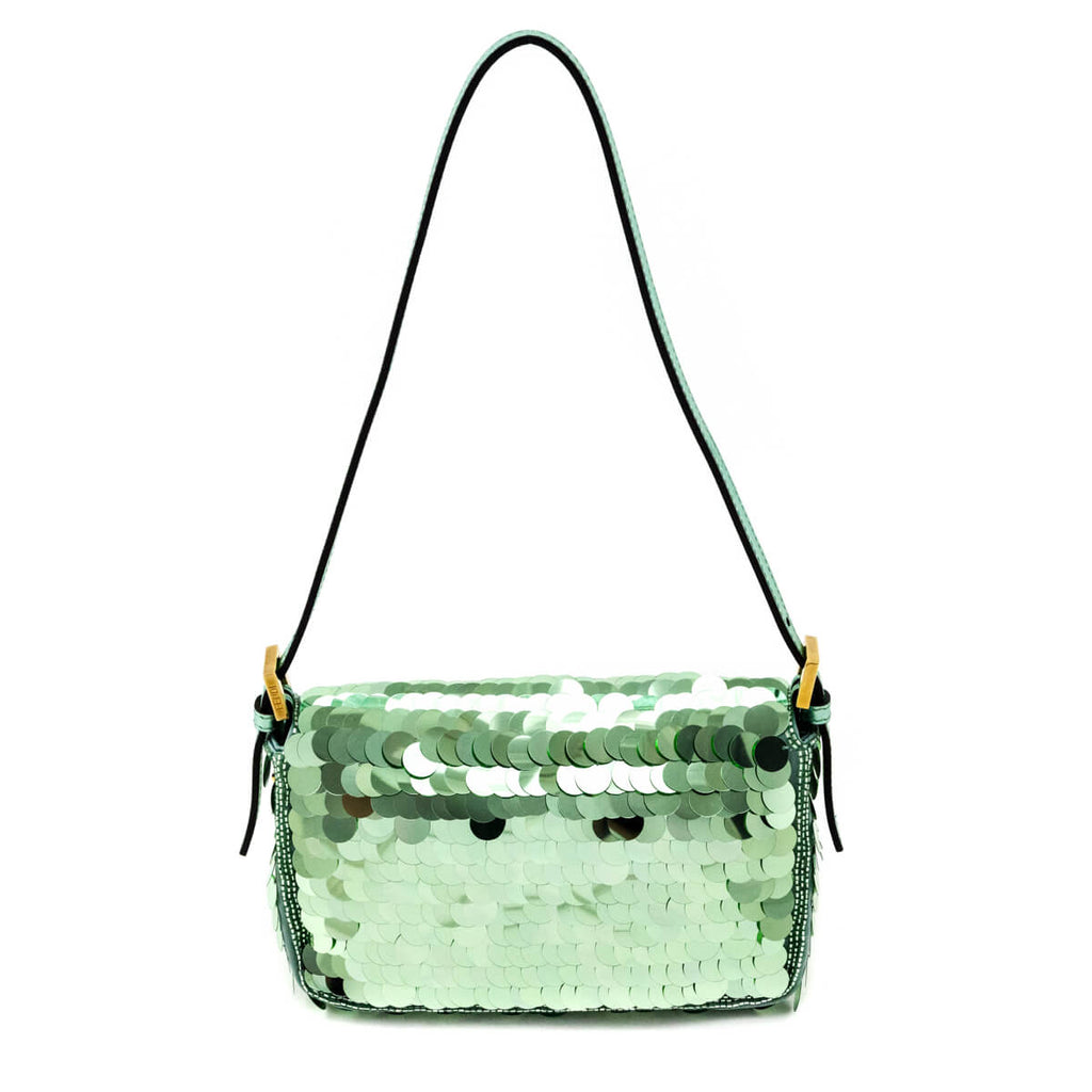 Fendi Light Green Satin Sequin Paillettes Shiny Nappa Mini Baguette 1997