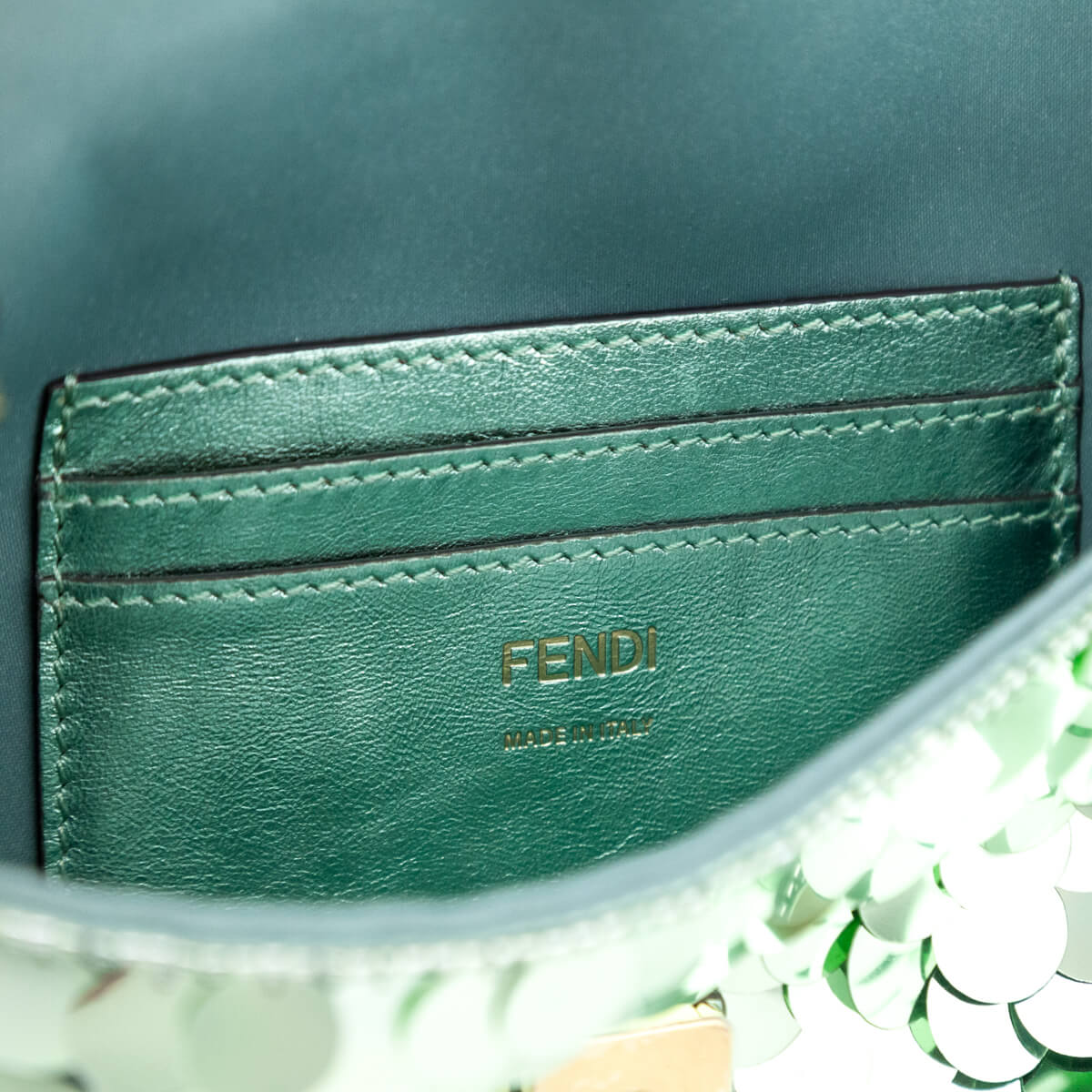 Fendi Light Green Satin Sequin Paillettes Shiny Nappa Mini Baguette 1997