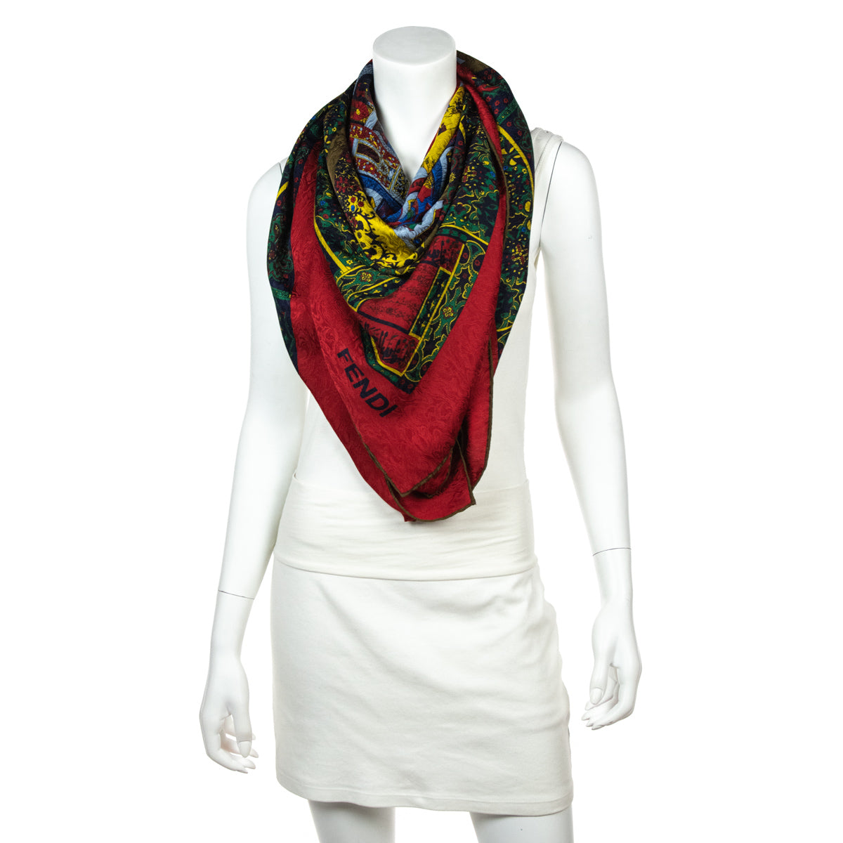 Fendi Red & Multicolored Silk Jacquard Giant Scarf