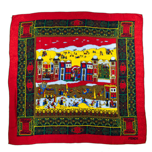 Fendi Red & Multicolored Silk Jacquard Giant Scarf