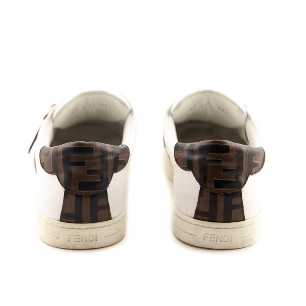 Fendi White Leather Signature Zucca Buckled Low Top Sneakers Size 9.5 | EU 39.5