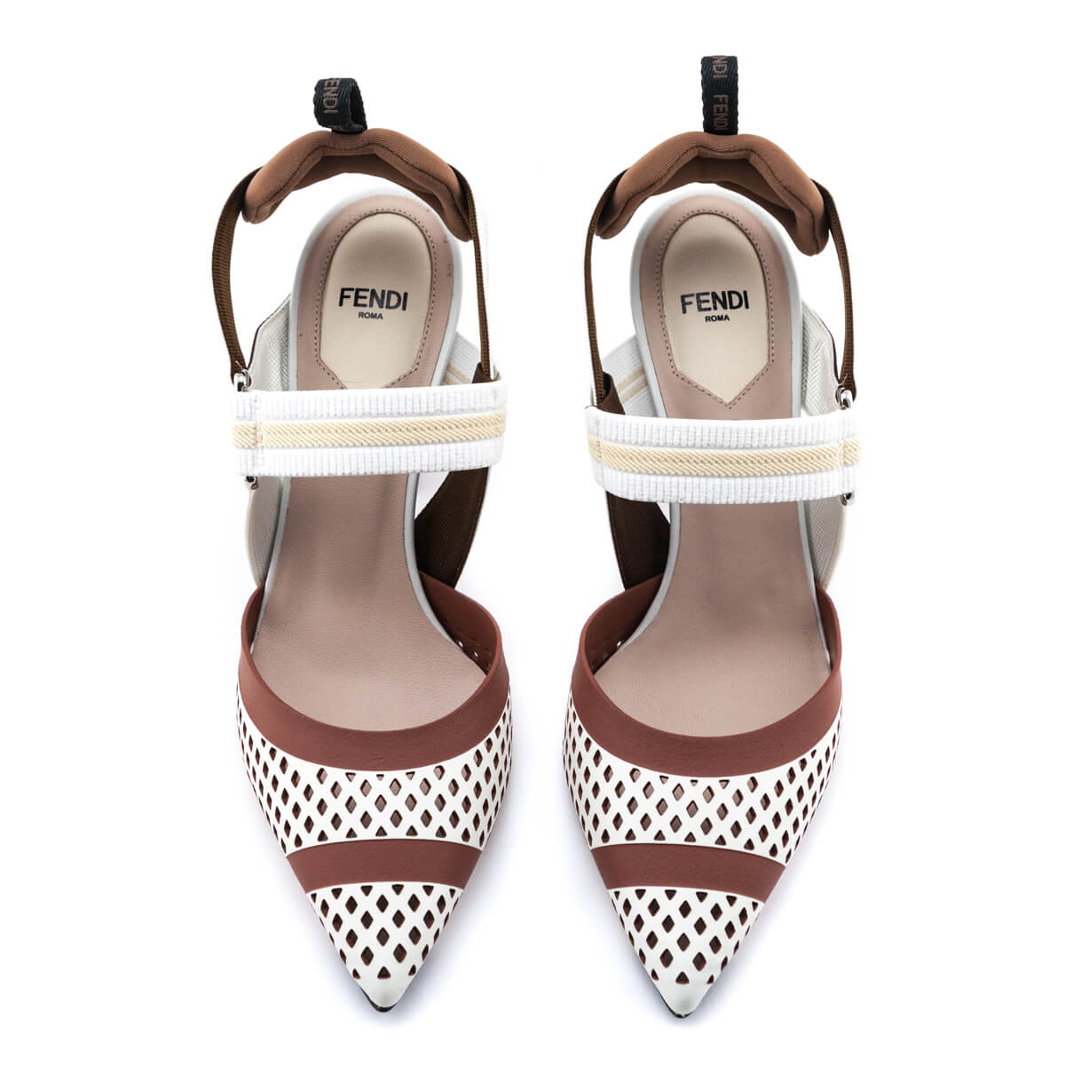 Fendi White & Brown Lasercut Colibri Slingback Pumps Size US 8 | EU 38